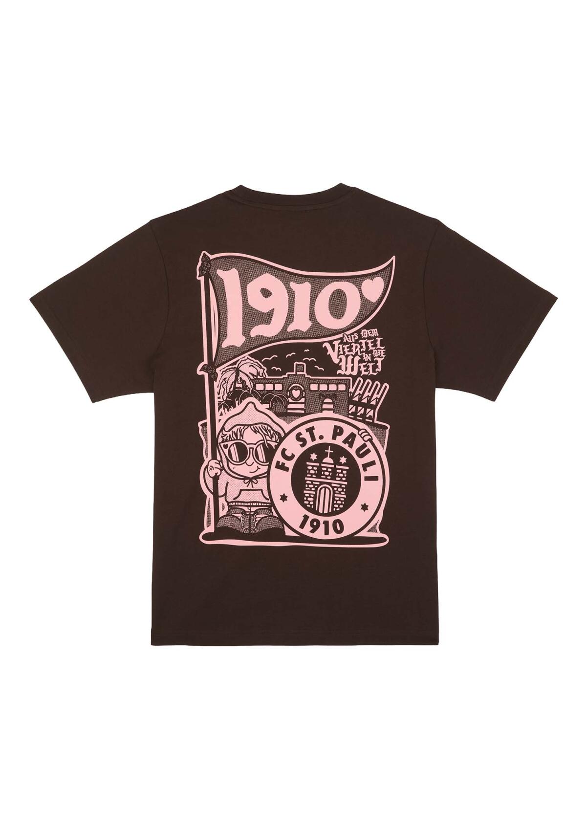Rückseite Braunes FC St. Pauli T-Shirt mit kleinem rosafarbenem „1910“-Print vorne und großem illustrierten Rückenmotiv mit FCSP-Wappen und Kiezgrafik.
