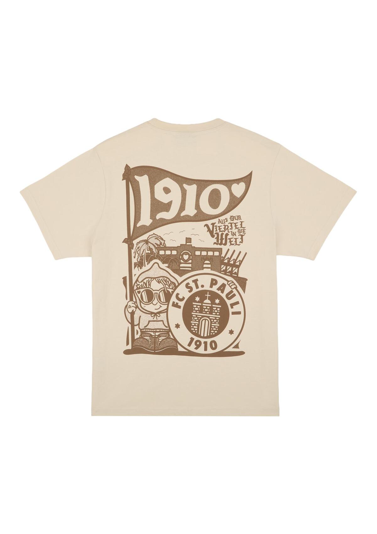 Rückseite Naturfarbenes FC St. Pauli T-Shirt mit kleinem „1910“-Print vorne und großem illustrierten Rückenmotiv mit FCSP-Wappen und Kiezgrafik.