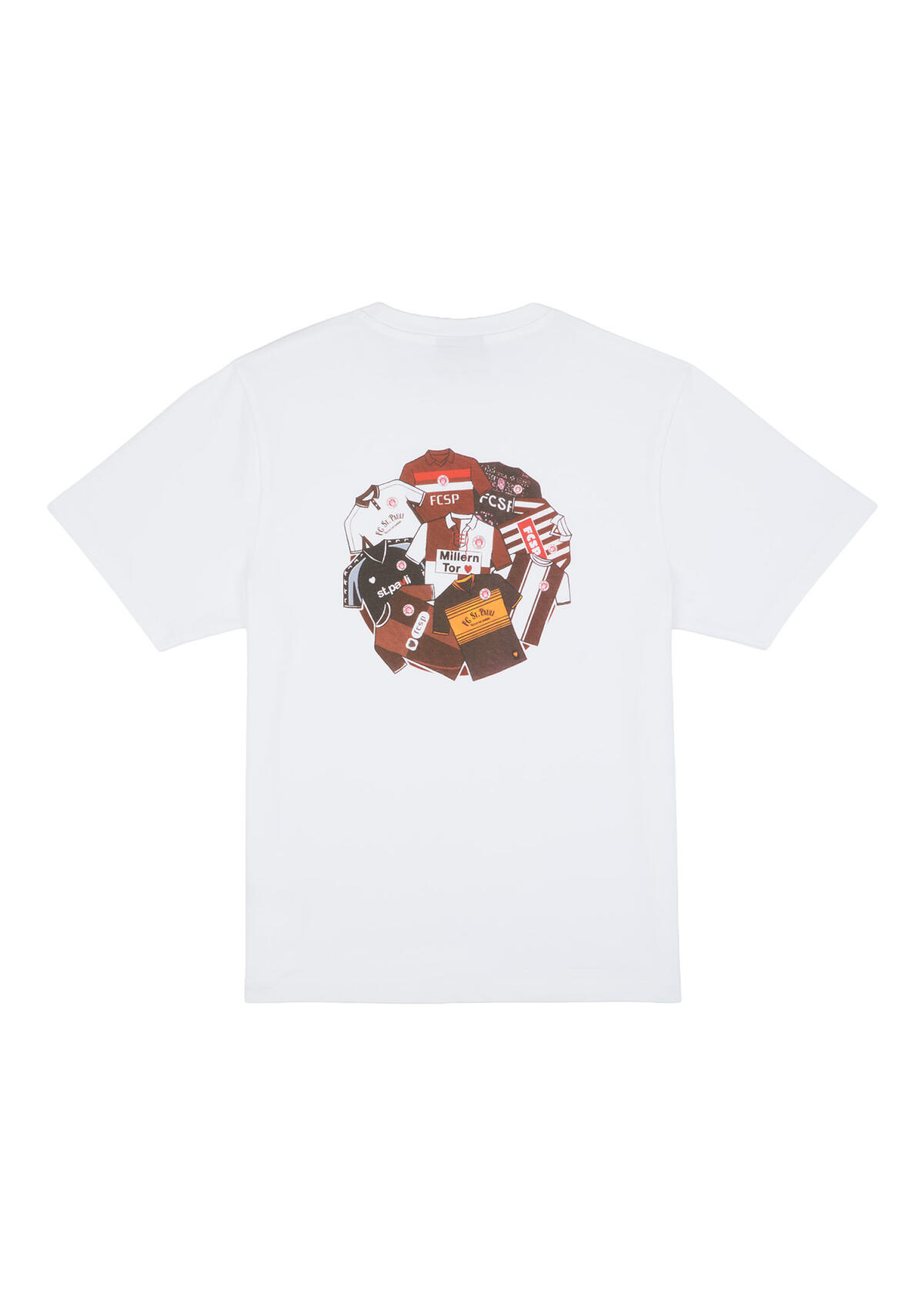 Back White FC St. Pauli T-shirt with subtle Workwear front print and large back graphic featuring iconic FCSP jerseys.